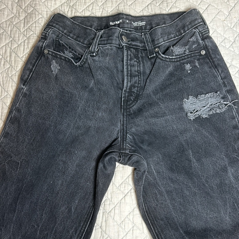Old Navy Black Ripped High-Rise Slouchy Straight Leg Jean Sz 2